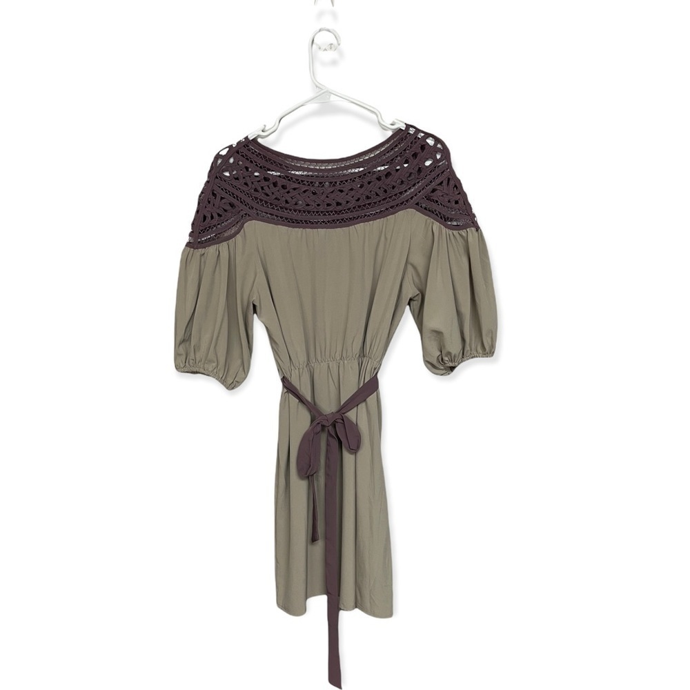 Esley Lace Yoke Waist Tie Boho Mini Dress Plum Grey Large
